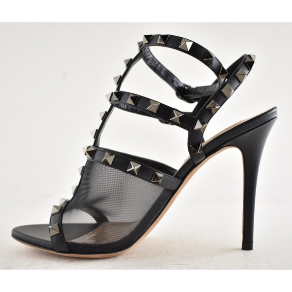 Valentino Rockstud 105 Black Mesh Stud Cage Ankle Strap Sandal Heel Pump 36 - Picture 8 of 11